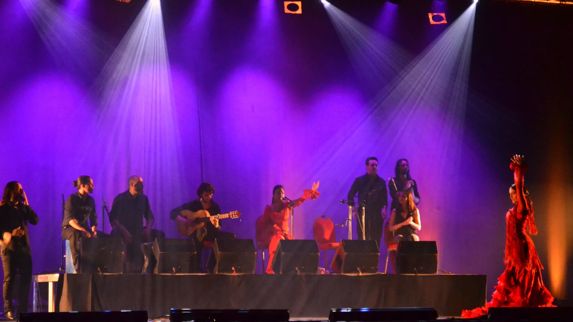 A flamenco stage show: a dancer in a red ruffled dress at the right, guitarists and a singer seated behind her under violet lights; a general photograph of a flamenco show, not of the Marbeuf Palace
