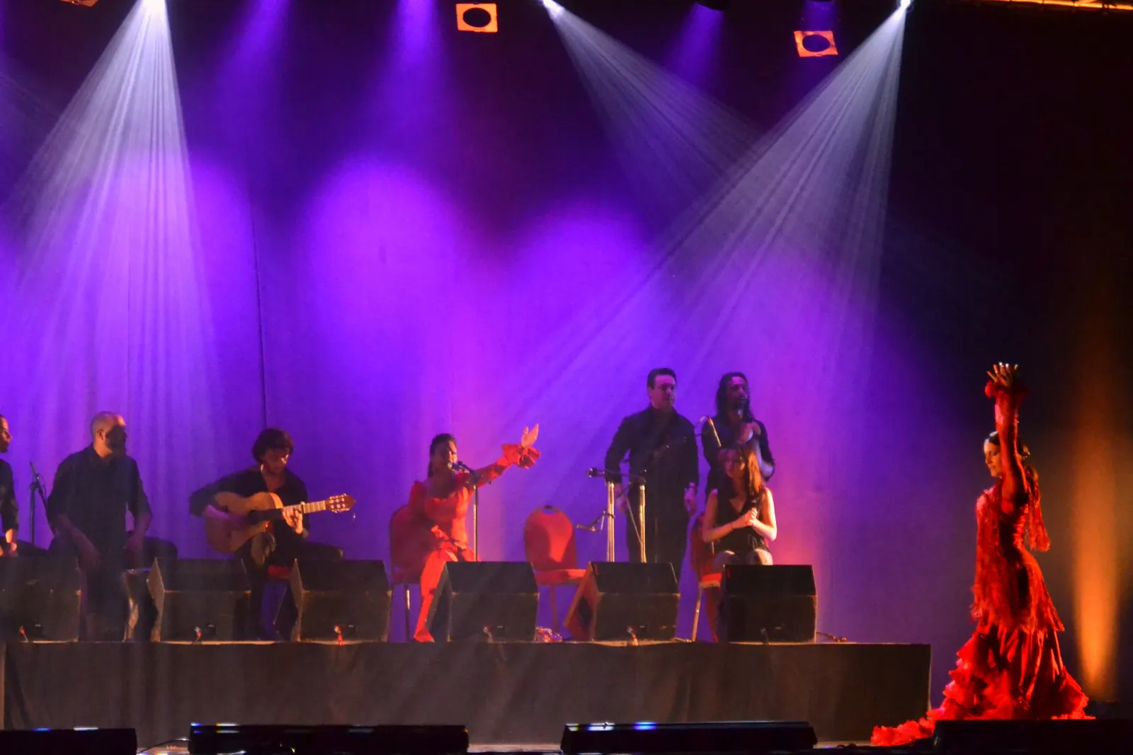 A dancer in a ruffled red flamenco dress, one arm raised, at the edge of a violet-lit stage; a general photograph of a flamenco show, not of the Marbeuf Palace show